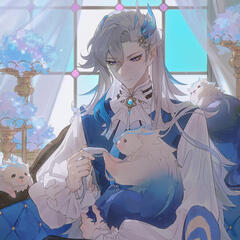 ID: Neuvilette from genshin impact playing with otters